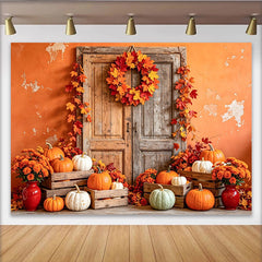 Lofaris Toile de fond d'automne avec citrouilles et porte en bois rustique, superbe arrière-plan de saison pour studio photo et fête