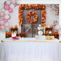 Lofaris Toile de fond d'automne avec citrouilles et feuilles d'érable, magnifique décor de porte en bois pour studio photo