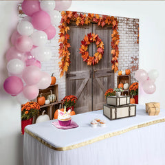 Lofaris Toile de fond d'automne avec citrouilles et feuilles d'érable, magnifique décor de porte en bois pour studio photo