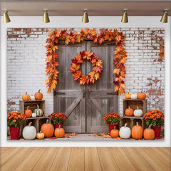 Lofaris Toile de fond d'automne avec citrouilles et feuilles d'érable, magnifique décor de porte en bois pour studio photo