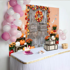 Lofaris Toile de fond d'automne rustique avec feuilles d'érable et citrouilles, magnifique arrière-plan pour décoration de récolte saisonnière