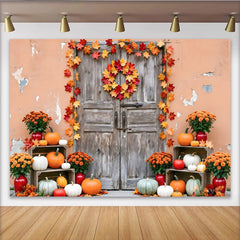 Lofaris Toile de fond d'automne rustique avec feuilles d'érable et citrouilles, magnifique arrière-plan pour décoration de récolte saisonnière