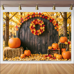 Lofaris Toile de fond d'automne avec citrouilles et feuilles colorées en bois rustique, magnifique décor de récolte pour studio photo