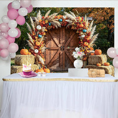 Lofaris Toile de fond d'automne rustique avec porte en bois et citrouilles, décor de récolte pour photographie et fête
