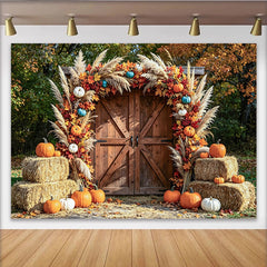 Lofaris Toile de fond d'automne rustique avec porte en bois et citrouilles, décor de récolte pour photographie et fête