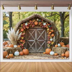 Lofaris Toile de fond de photographie d'automne rustique avec citrouilles et grange, arrière-plan saisonnier pour studio photo et décor
