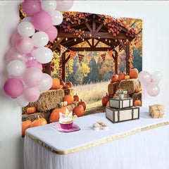 Lofaris. Toile de fond d'automne rustique avec citrouilles et balles de foin, décor de récolte pour studio photo et fête