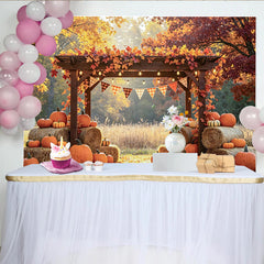 Lofaris Toile de fond de photographie d'automne avec pergola en bois et citrouilles, décor de récolte pour studio photo et ambiance saisonnière