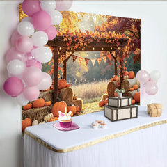 Lofaris Toile de fond de photographie d'automne avec pergola en bois et citrouilles, décor de récolte pour studio photo et ambiance saisonnière