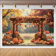 Lofaris Toile de fond de photographie d'automne avec pergola en bois et citrouilles, décor de récolte pour studio photo et ambiance saisonnière