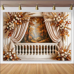 Lofaris Toile de fond de photographie paysage d'automne avec balustrade et rideaux, élégant arrière-plan pour studio photo et portrait
