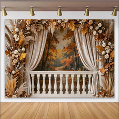 Lofaris. Toile de fond forêt automnale avec balcon fleuri et pampas, magnifique arrière-plan pour studio photo et portrait saisonnier