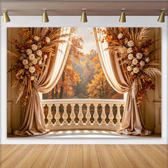 Lofaris Toile de fond de photographie balcon automne avec fleurs, élégant arrière-plan romantique pour studio photo et événement