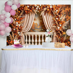 Lofaris Toile de fond de photographie automnale avec balcon fleuri, rideaux élégants, feuilles d'automne et roses, décor de studio