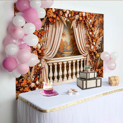 Lofaris Toile de fond de photographie automnale avec balcon fleuri, rideaux élégants, feuilles d'automne et roses, décor de studio