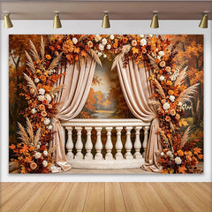 Lofaris Toile de fond de photographie automnale avec balcon fleuri, rideaux élégants, feuilles d'automne et roses, décor de studio