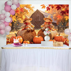 Lofaris Toile de fond d'automne rustique avec épouvantails et citrouilles, superbe arrière-plan de ferme pour la récolte et les fêtes