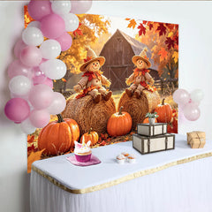 Lofaris Toile de fond d'automne rustique avec épouvantails et citrouilles, superbe arrière-plan de ferme pour la récolte et les fêtes