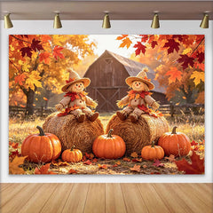 Lofaris Toile de fond d'automne rustique avec épouvantails et citrouilles, superbe arrière-plan de ferme pour la récolte et les fêtes