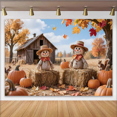 Lofaris Toile de fond d'automne rustique avec épouvantails et citrouilles, décor de ferme pour la récolte