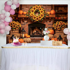Lofaris Toile de fond d'automne cheminée citrouilles et tournesols, décor rustique pour studio photo et fête de récolte