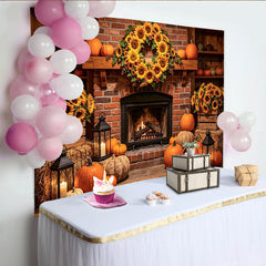 Lofaris Toile de fond d'automne cheminée citrouilles et tournesols, décor rustique pour studio photo et fête de récolte