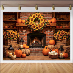 Lofaris Toile de fond d'automne cheminée citrouilles et tournesols, décor rustique pour studio photo et fête de récolte