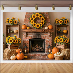 Lofaris Toile de fond pour Thanksgiving avec citrouilles et tournesols, décor rustique de cheminée pour fête d'automne