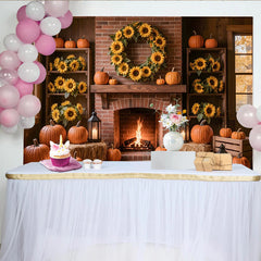 Lofaris Toile de fond d'automne avec citrouilles et tournesols, décor de cheminée chaleureux pour studio photo