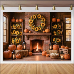 Lofaris Toile de fond d'automne avec citrouilles et tournesols, décor de cheminée chaleureux pour studio photo
