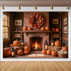 Lofaris Toile de fond d'automne rustique avec citrouilles et cheminée, arrière-plan chaleureux pour photographie de saison