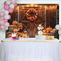 Lofaris Toile de fond d'automne rustique grange feuilles citrouilles et bottes de foin, magnifique décor de récolte pour studio photo