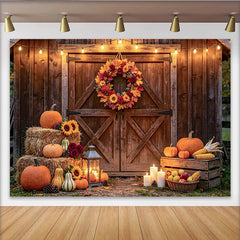 Lofaris Toile de fond d'automne rustique grange feuilles citrouilles et bottes de foin, magnifique décor de récolte pour studio photo