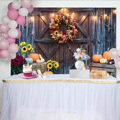Lofaris Toile de fond d'automne rustique avec citrouilles et guirlande lumineuse, décor de grange en bois pour studio photo et Thanksgiving