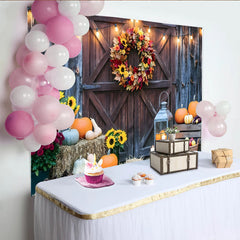 Lofaris Toile de fond d'automne rustique avec citrouilles et guirlande lumineuse, décor de grange en bois pour studio photo et Thanksgiving