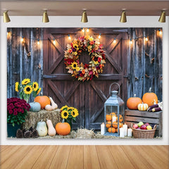 Lofaris Toile de fond d'automne rustique avec citrouilles et guirlande lumineuse, décor de grange en bois pour studio photo et Thanksgiving
