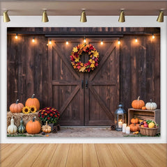 Lofaris Toile de fond de récolte rustique porte de grange et citrouilles, magnifique arrière-plan de saison pour studio photo et fête