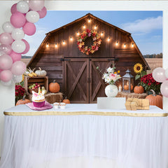 Lofaris Toile de fond de photographie d'automne grange rustique et citrouilles, décor de récolte avec guirlande lumineuse pour studio photo