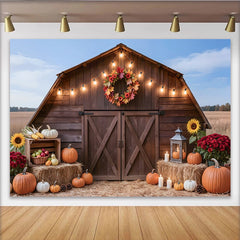 Lofaris Toile de fond de photographie d'automne grange rustique et citrouilles, décor de récolte avec guirlande lumineuse pour studio photo
