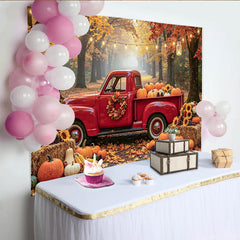 Lofaris Toile de fond de Thanksgiving avec camion rouge citrouilles et feuilles d'automne, arrière-plan rustique pour fête de récolte