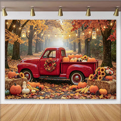 Lofaris Toile de fond de Thanksgiving avec camion rouge citrouilles et feuilles d'automne, arrière-plan rustique pour fête de récolte