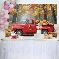 Lofaris Toile de fond d'automne avec camion rouge, citrouilles et tournesols, arrière-plan de récolte pour séance photo et décoration de fête