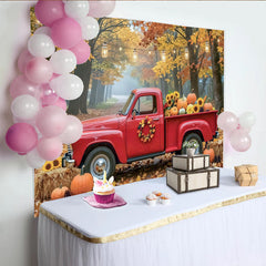 Lofaris Toile de fond d'automne avec camion rouge, citrouilles et tournesols, arrière-plan de récolte pour séance photo et décoration de fête