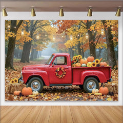 Lofaris Toile de fond d'automne avec camion rouge, citrouilles et tournesols, arrière-plan de récolte pour séance photo et décoration de fête