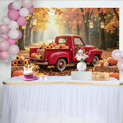 Lofaris Toile de fond automnale avec camion rouge et citrouilles, magnifique décor de récolte pour studio photo de portrait