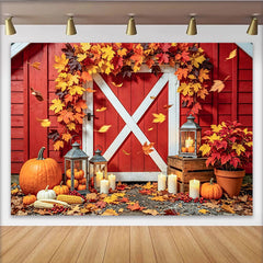 Lofaris Toile de fond automne avec citrouilles et grange rouge, magnifique arrière-plan rustique pour studio photo