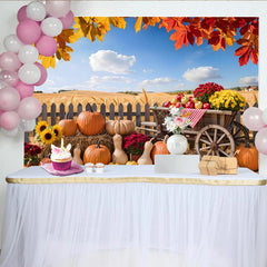 Lofaris Toile de fond de photographie d'automne avec citrouilles et chariot, arrière-plan rustique pour studio photo ou décoration