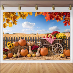 Lofaris Toile de fond de photographie d'automne avec citrouilles et chariot, arrière-plan rustique pour studio photo ou décoration