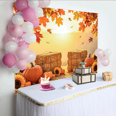 Découvrez Toile de fond automne avec citrouilles et tournesols, magnifique arrière-plan de photographie pour studio