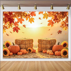 Découvrez Toile de fond automne avec citrouilles et tournesols, magnifique arrière-plan de photographie pour studio